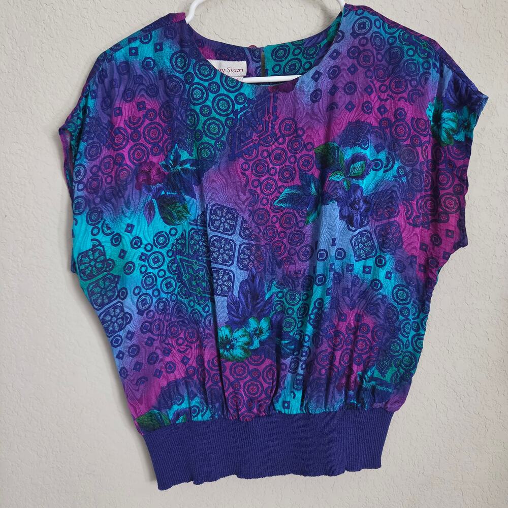 Vintage Anthony Sicari Blouse Womens S / M 80s Dolman Purple Teal Made in USA